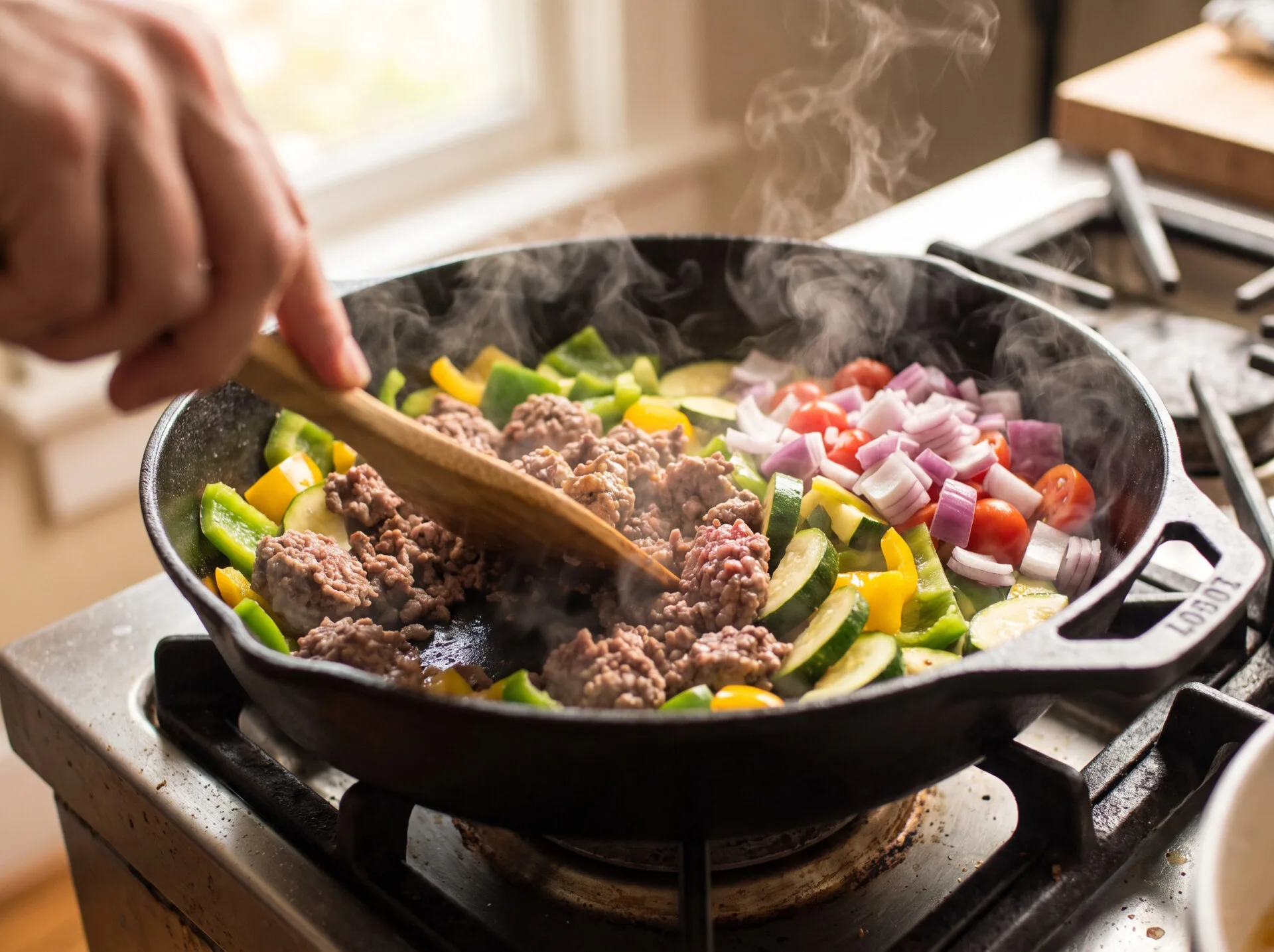 Keto Mediterranean ground beef skillet cooking with beef and vegetables in a hot pan
