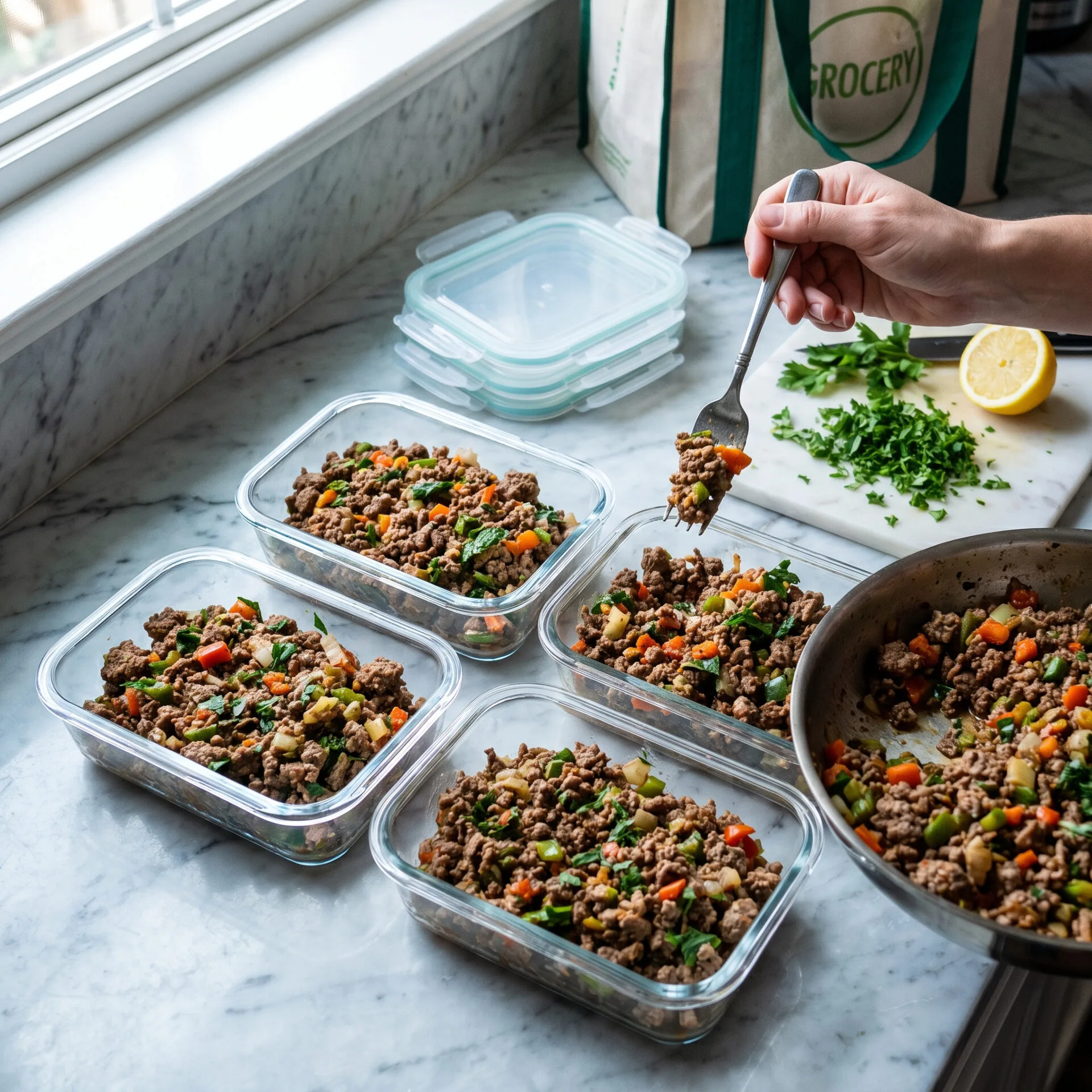 Keto Mediterranean ground beef skillet portioned into glass meal-prep containers