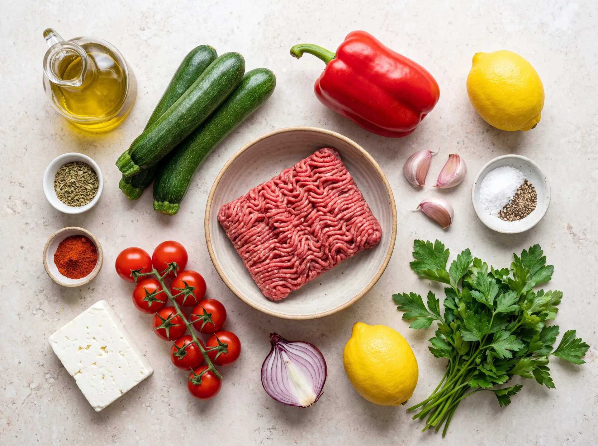 Keto Mediterranean ground beef skillet ingredients arranged raw on a stone counter