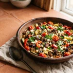 Keto Mediterranean ground beef skillet with zucchini, peppers, tomatoes, and feta in a rustic skillet
