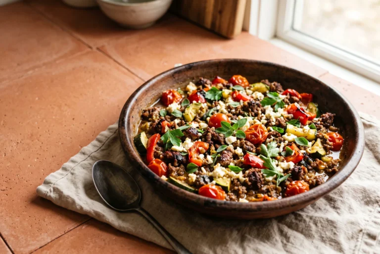 Keto Mediterranean Ground Beef Skillet with Feta