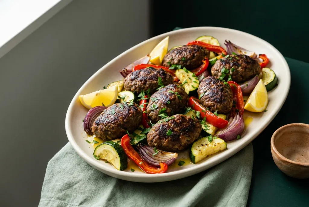 Sheet pan kofta with vegetables with browned beef and roasted zucchini, peppers, and onions