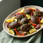 Sheet pan kofta with vegetables with browned beef and roasted zucchini, peppers, and onions