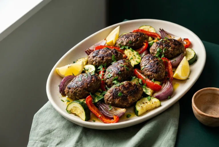 Sheet pan kofta with vegetables with browned beef and roasted zucchini, peppers, and onions