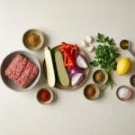 Raw sheet pan kofta with vegetables ingredients arranged on a kitchen surface