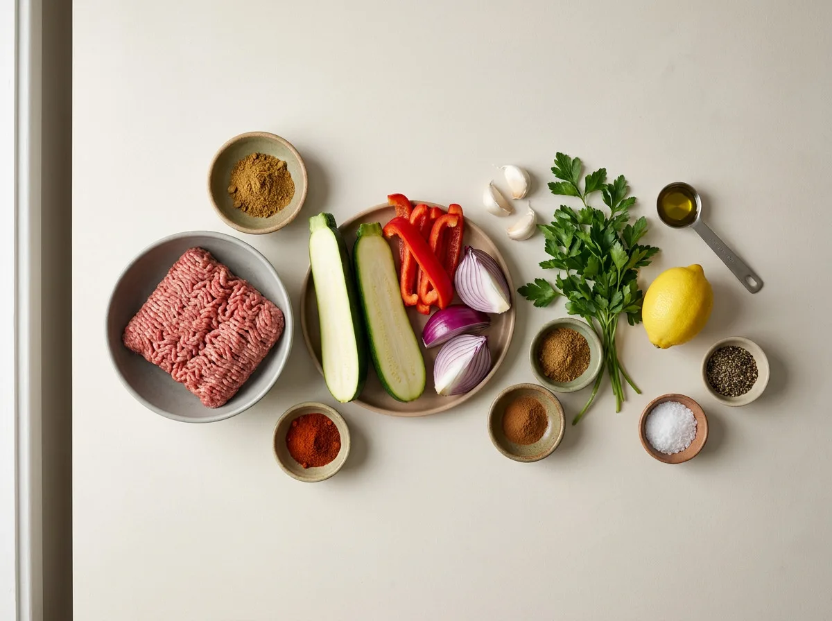 Raw sheet pan kofta with vegetables ingredients arranged on a kitchen surface