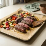 Sheet pan kofta with vegetables roasting mid-cook with kofta among partly softened vegetables