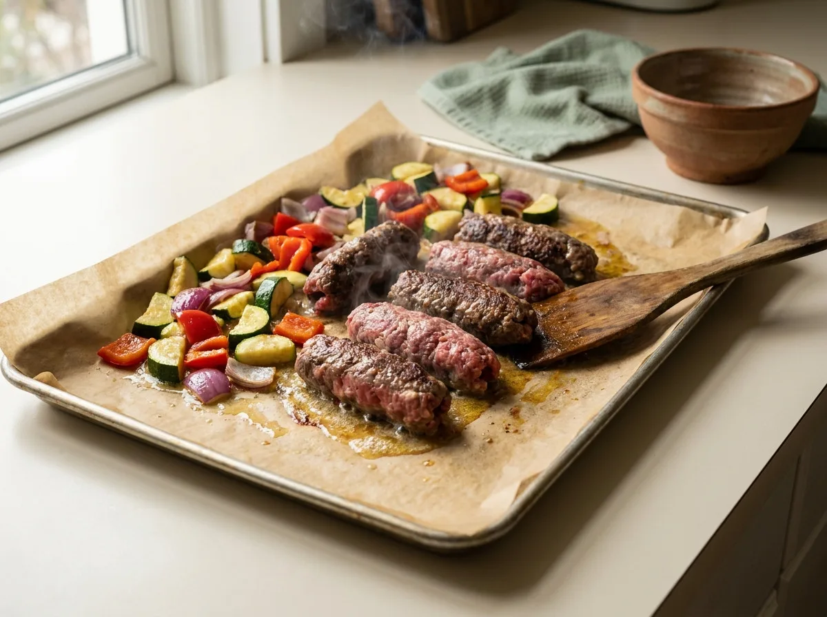 Sheet pan kofta with vegetables roasting mid-cook with kofta among partly softened vegetables