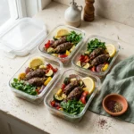 Sheet pan kofta with vegetables portioned into meal prep containers with lemon and parsley