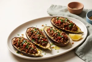 Mediterranean stuffed eggplant with ground beef, roasted and filled with tomato-beef sauce