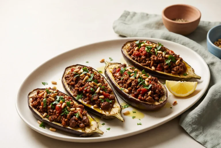 Mediterranean stuffed eggplant with ground beef, roasted and filled with tomato-beef sauce