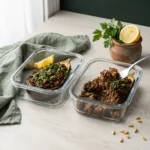 Mediterranean stuffed eggplant with ground beef portioned in glass meal-prep containers