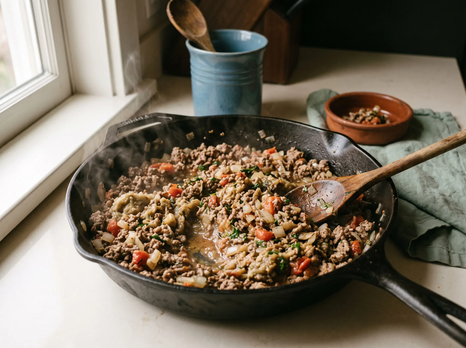 Ground beef, eggplant flesh, onion, and tomatoes being stirred in a skillet for stuffed eggplant