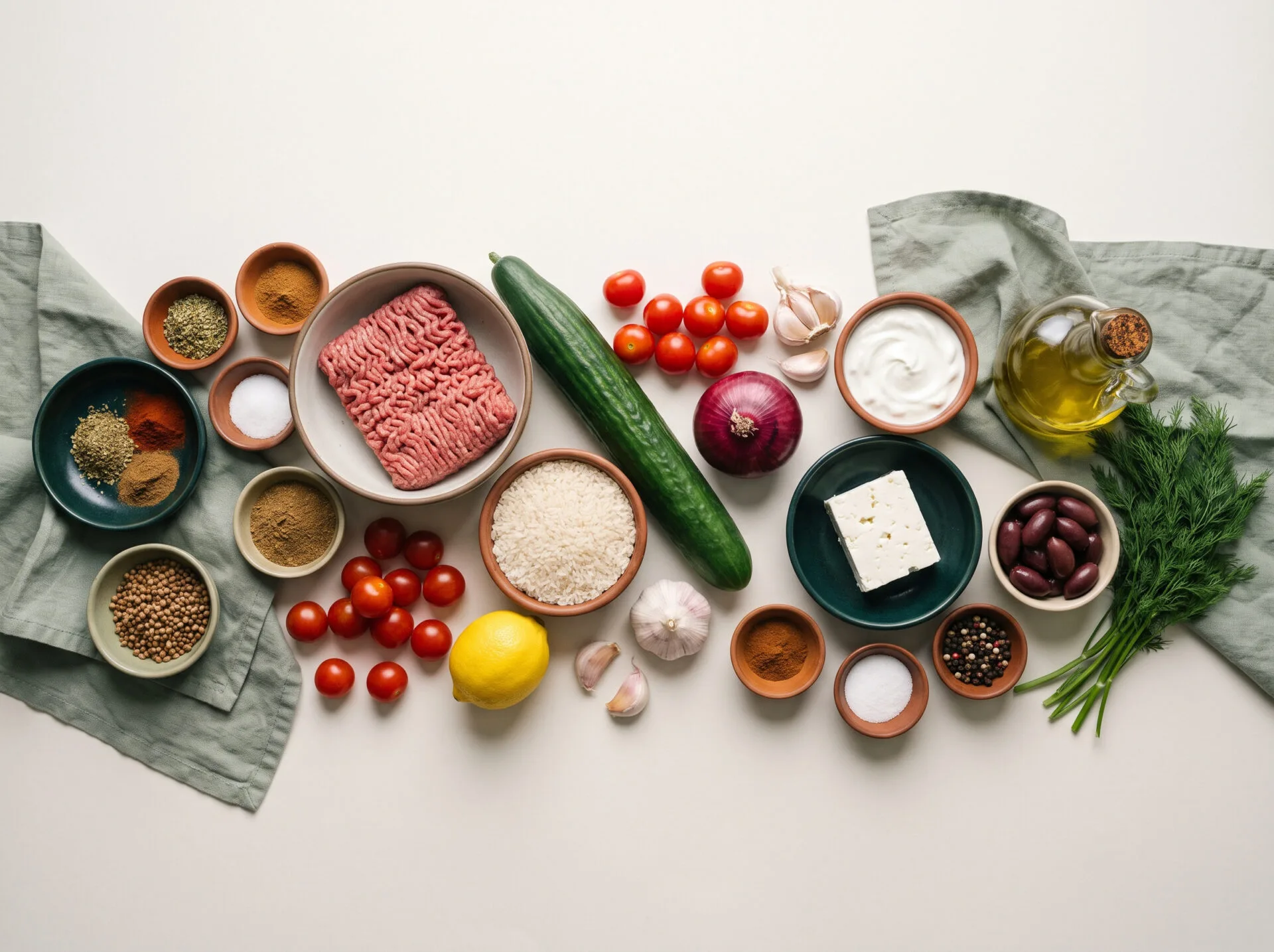 Raw ingredients for Greek ground beef gyro bowl arranged on a counter