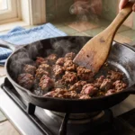 Ground beef browning in a skillet for Greek ground beef gyro bowl