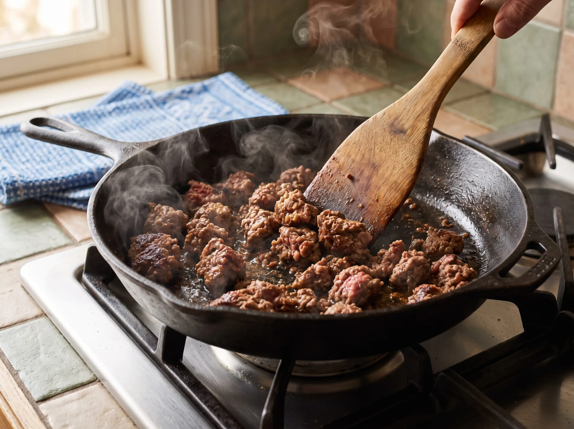 Ground beef browning in a skillet for Greek ground beef gyro bowl