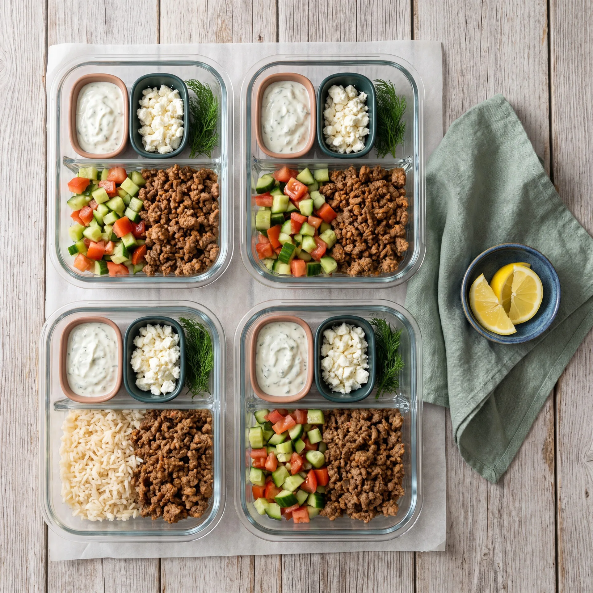 Greek ground beef gyro bowl portions packed in glass meal-prep containers