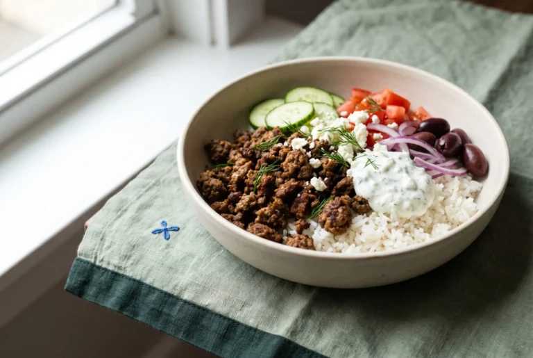 Greek ground beef gyro bowl with spiced beef, rice, vegetables, feta, and tzatziki