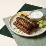 Air fryer beef kofta kebabs with crisp edges and yogurt sauce