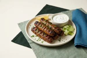 Air fryer beef kofta kebabs with crisp edges and yogurt sauce