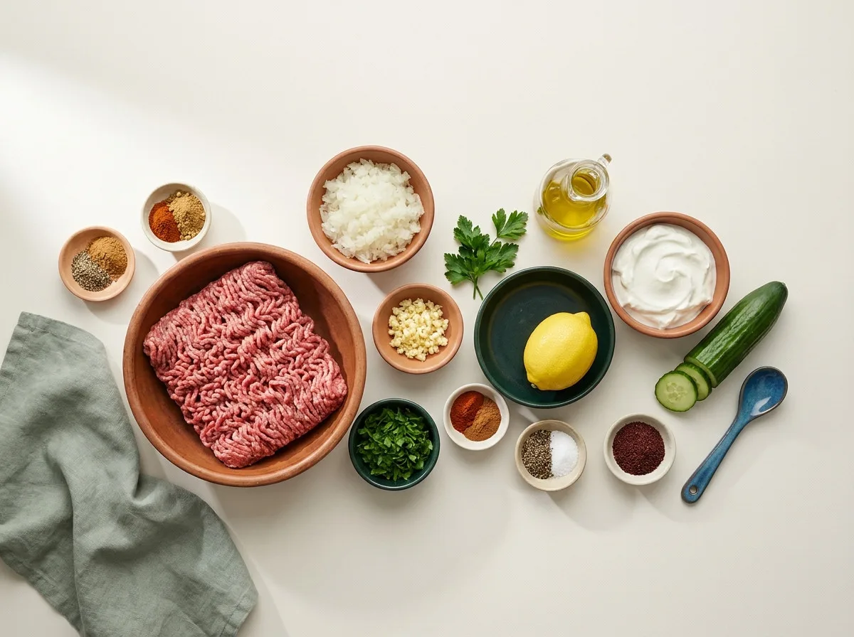 Raw ingredients for air fryer beef kofta kebabs