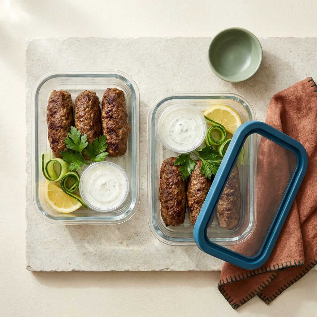 Air fryer beef kofta kebabs portioned for meal prep