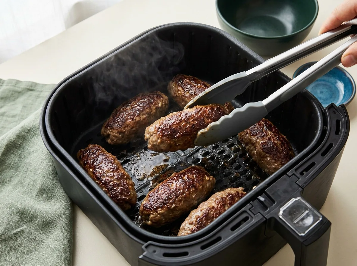 Air fryer beef kofta kebabs browning in the basket