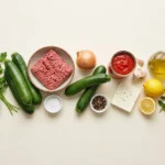 Raw ingredients for Mediterranean stuffed zucchini boats arranged for prep