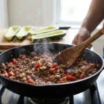 Ground beef and tomato filling simmering in a skillet for zucchini boats