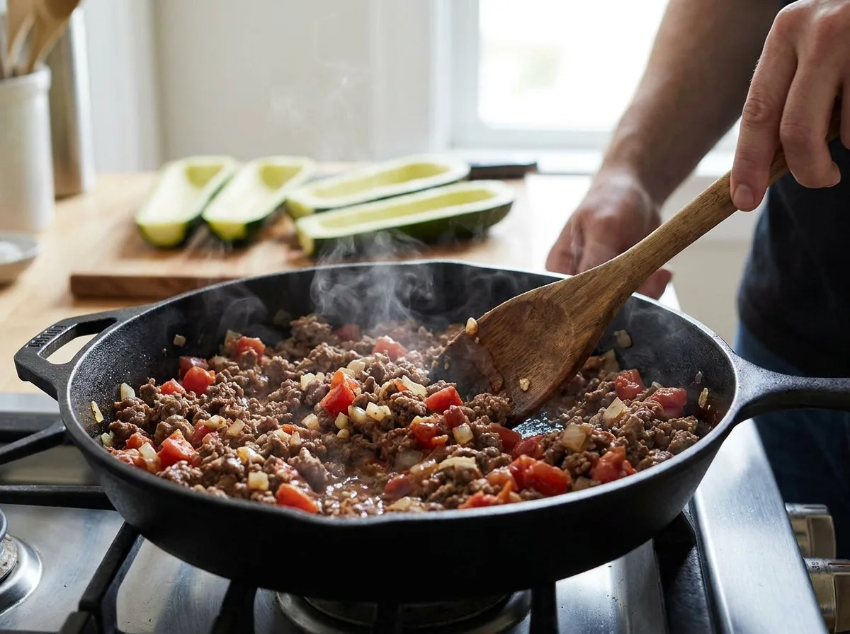 Ground beef and tomato filling simmering in a skillet for zucchini boats