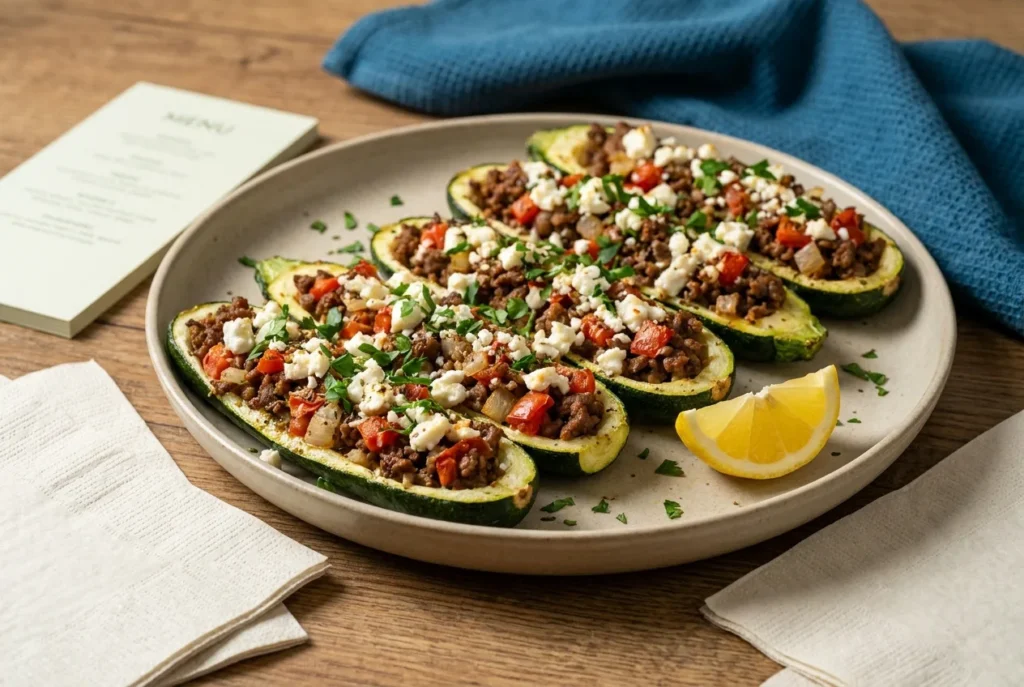 Mediterranean ground beef zucchini boats with feta on a platter