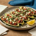 Mediterranean ground beef zucchini boats with feta on a platter