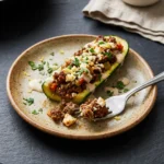 One serving of zucchini boats with feta on a stoneware plate