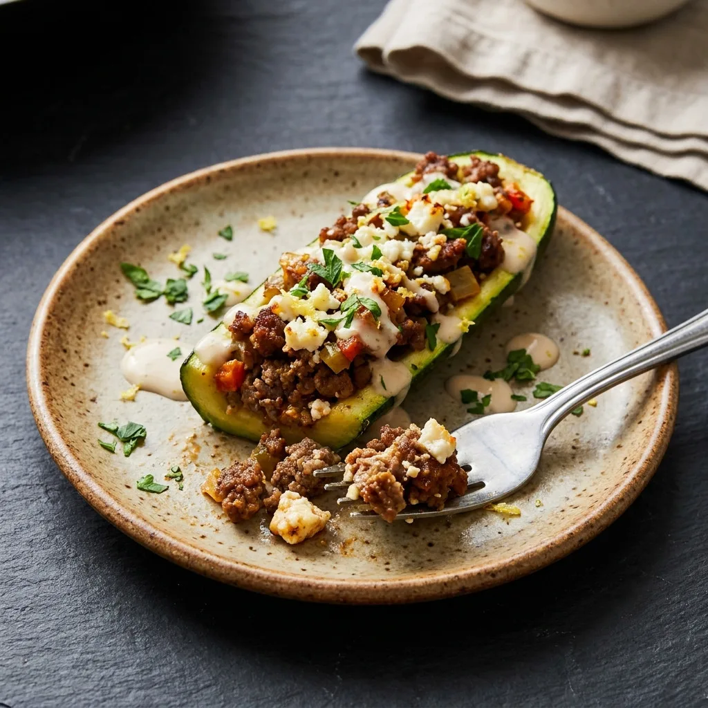 One serving of zucchini boats with feta on a stoneware plate