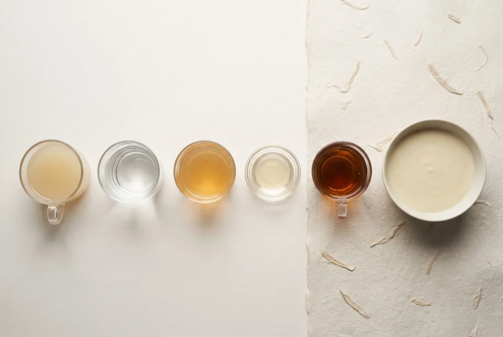 Five day liquid diet examples arranged on a neutral table