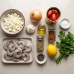 Shrimp saganaki ingredients arranged raw for a tomato and feta skillet