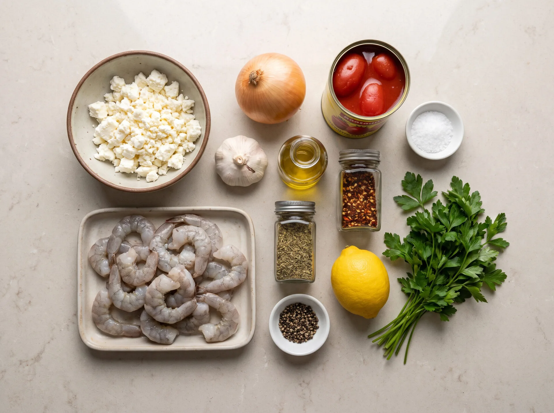 Shrimp saganaki ingredients arranged raw for a tomato and feta skillet