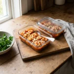 Shrimp saganaki portioned into glass meal-prep containers with feta