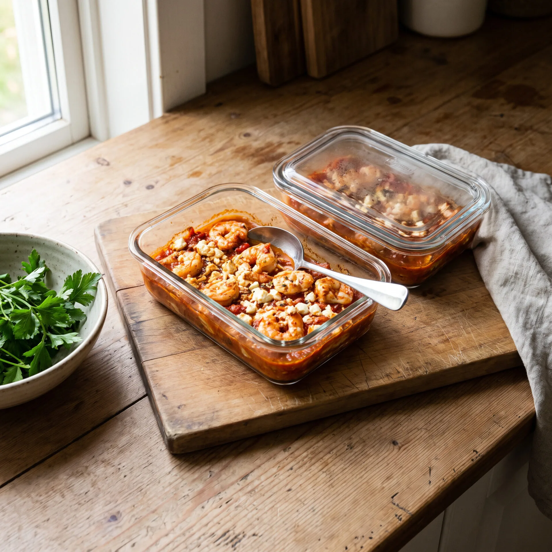 Shrimp saganaki portioned into glass meal-prep containers with feta
