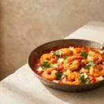 Shrimp saganaki in a Greek skillet with tomato sauce and crumbled feta