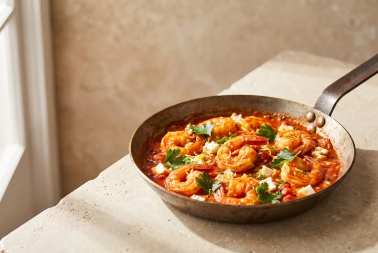 Shrimp saganaki in a Greek skillet with tomato sauce and crumbled feta