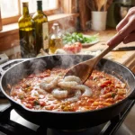 Shrimp saganaki sauce simmering with raw shrimp being arranged in the skillet