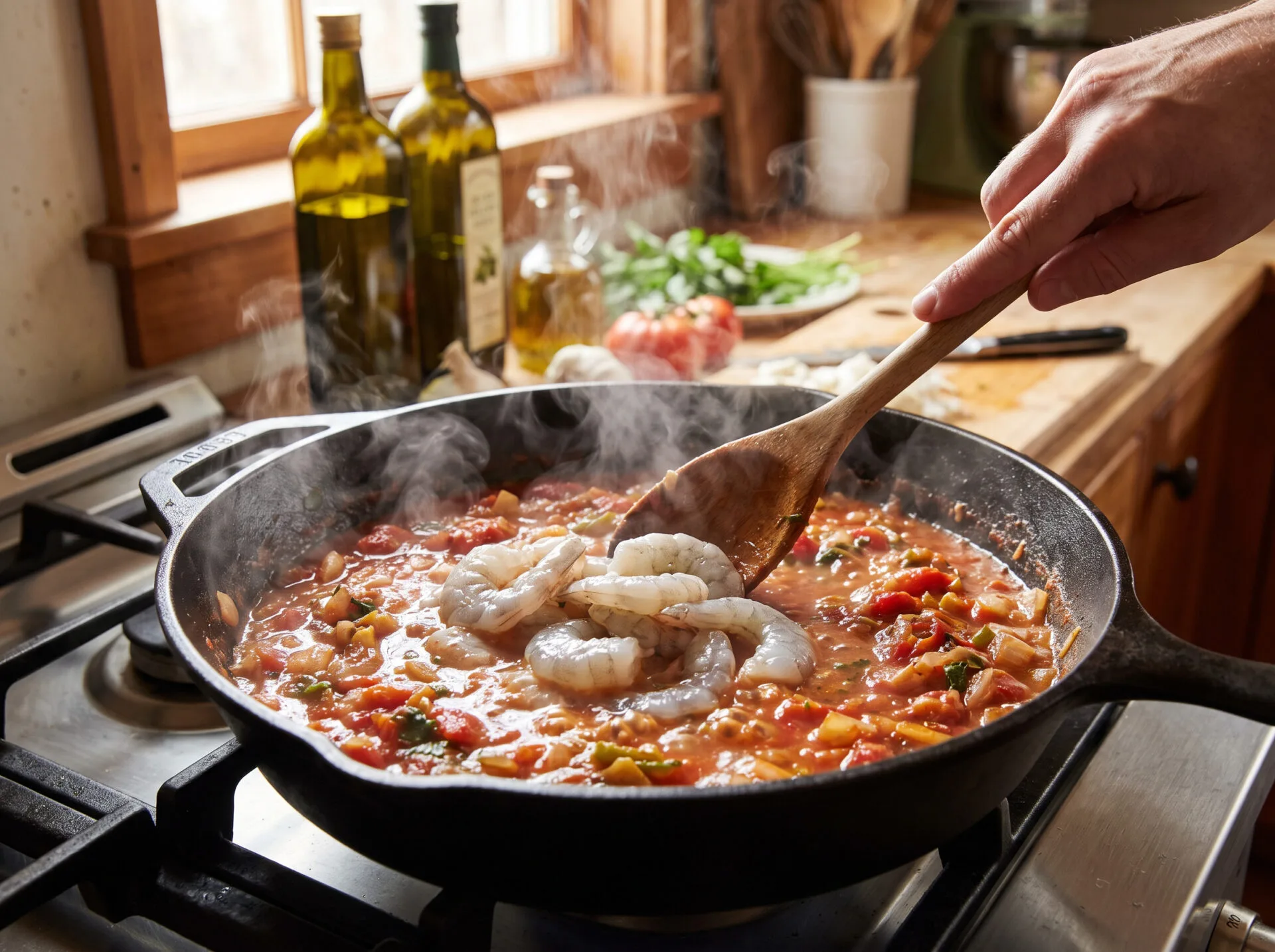 Shrimp saganaki sauce simmering with raw shrimp being arranged in the skillet