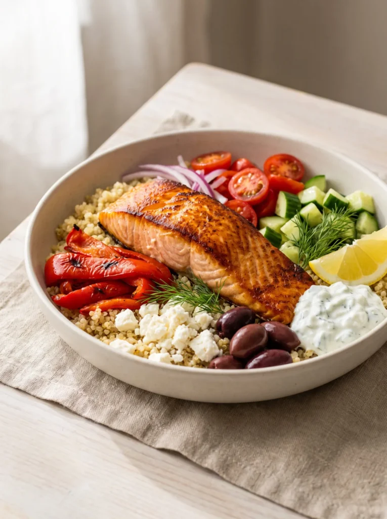 Mediterranean salmon bowl with roasted salmon, lemon quinoa, cherry tomatoes, cucumber, olives, feta and cucumber tzatziki in a white ceramic bowl