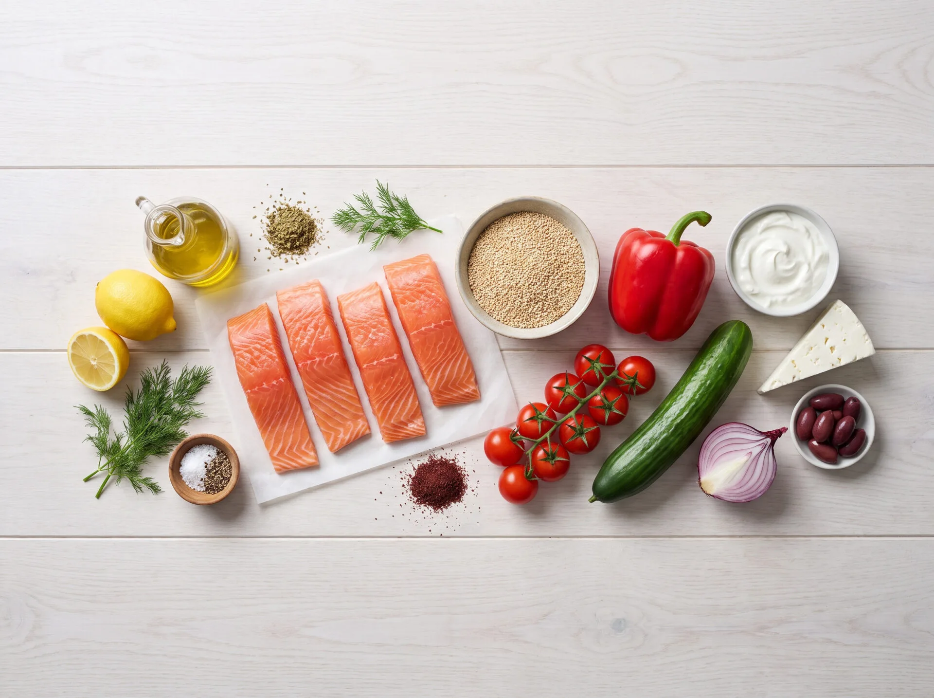 Raw ingredients laid out on a white wood surface: four salmon fillets, dry quinoa, red bell pepper, cucumber, cherry tomatoes, Greek yogurt, feta, Kalamata olives, lemons, dill and olive oil