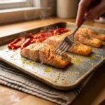A fork separating the flakes of a partly roasted salmon fillet on a sheet pan beside charring red pepper strips