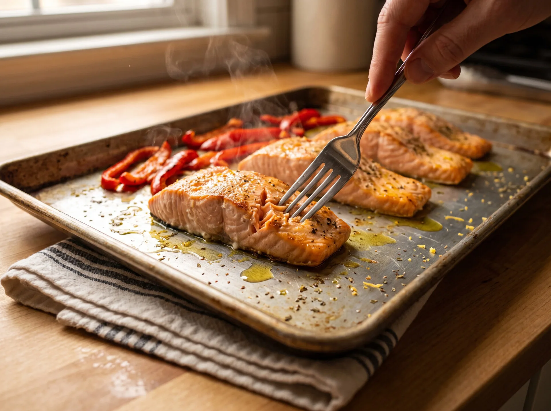 A fork separating the flakes of a partly roasted salmon fillet on a sheet pan beside charring red pepper strips