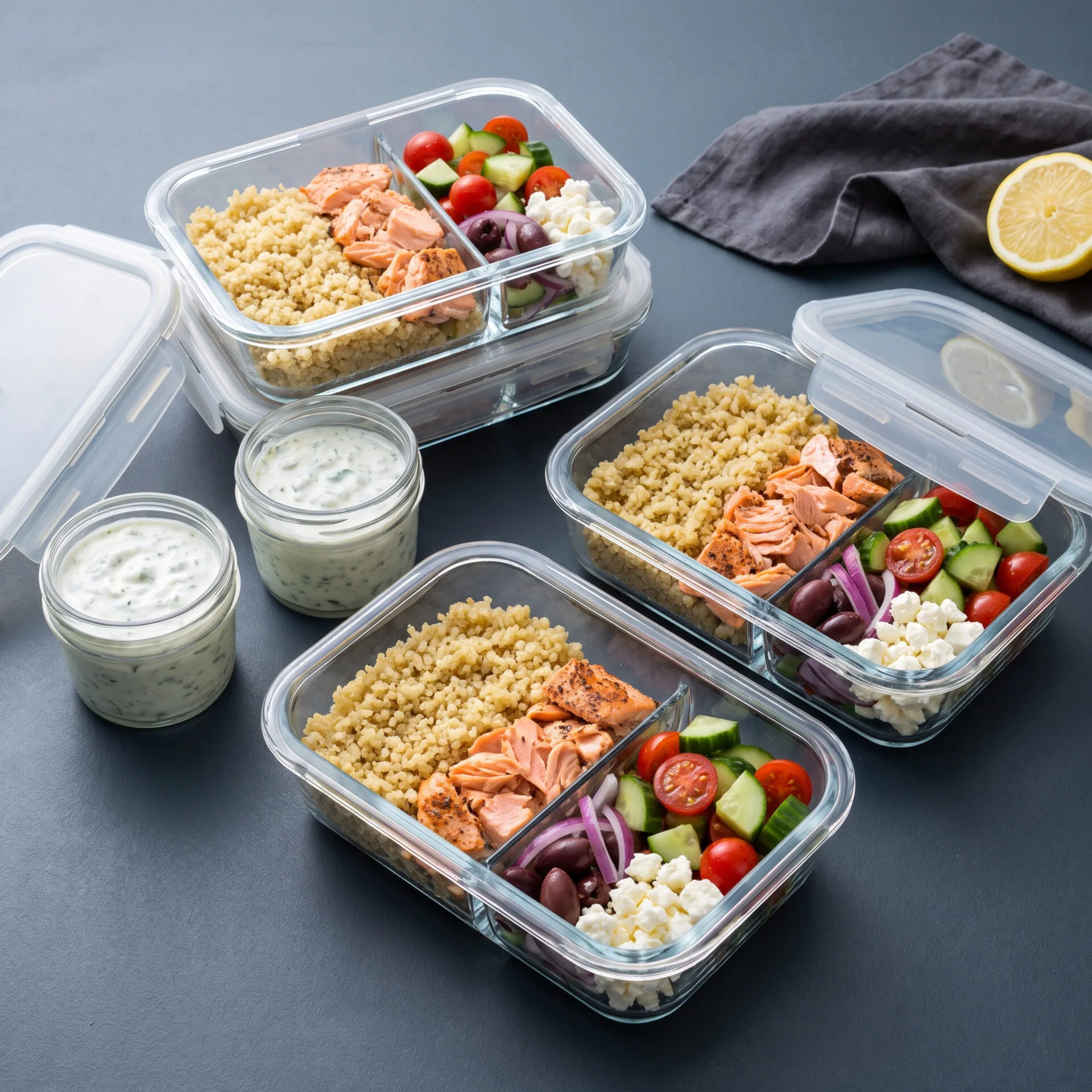 Glass meal prep containers holding quinoa, flaked salmon, cucumber and tomato salad, red onion, olives and feta, with tzatziki in separate jars
