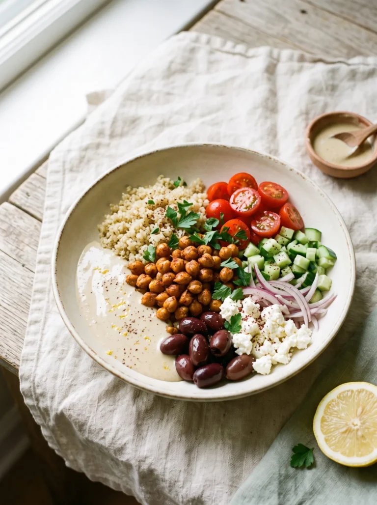 Mediterranean chickpea bowl with roasted chickpeas, quinoa, tomato, cucumber, feta and lemon tahini sauce