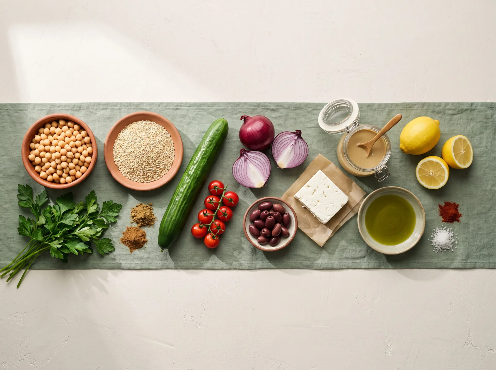Raw ingredients for a chickpea bowl: chickpeas, dry quinoa, cucumber, tomatoes, feta, olives, tahini and lemons